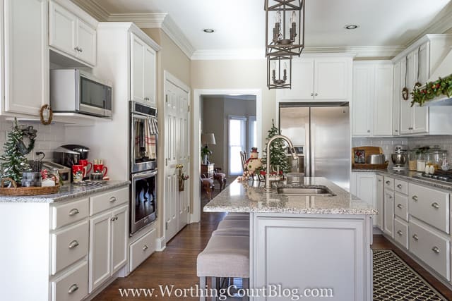 The kitchen island has the snowman figuring on a sleigh.