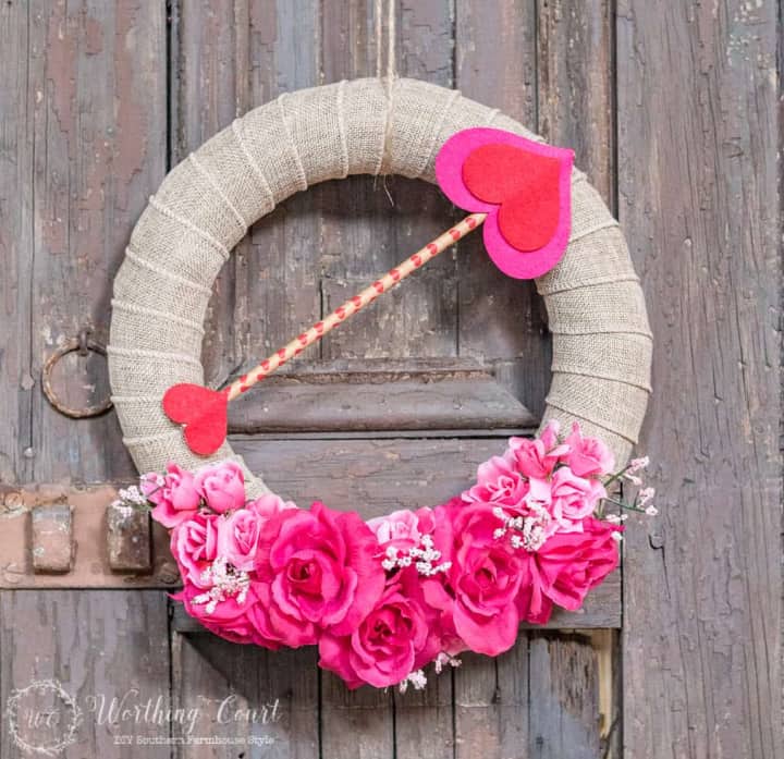 burlap valentine's day wreath with faux florals attached