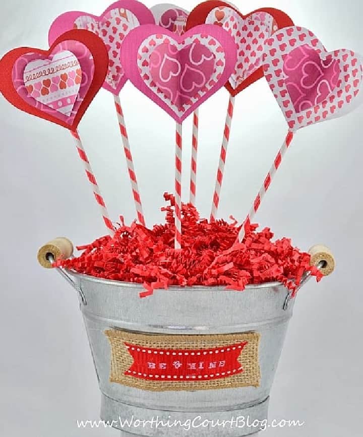 3D paper heart flowers in a metal bucket