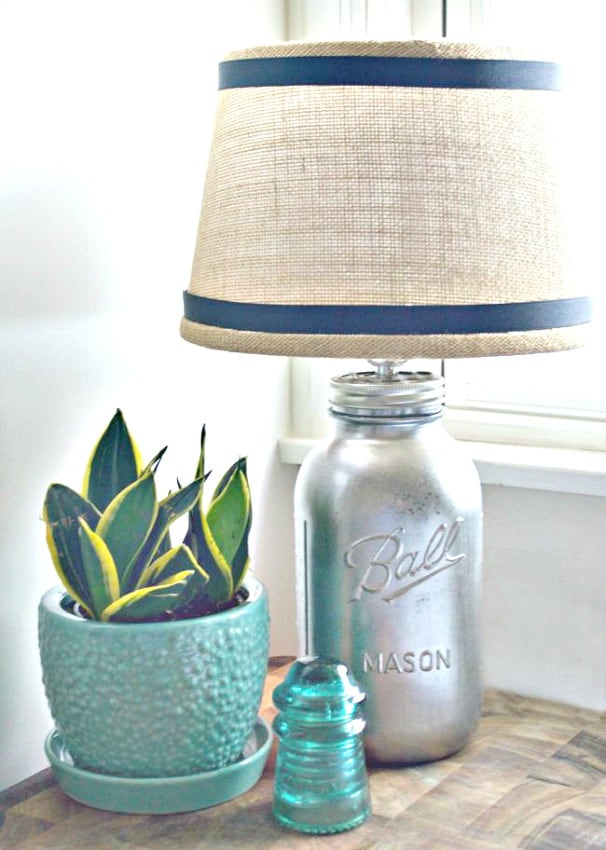 DIY mercury glass mason jar lamp wiith a diy burlap lampshade.