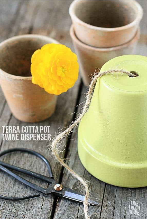 DIY twine dispenser from a terra cotta pot.