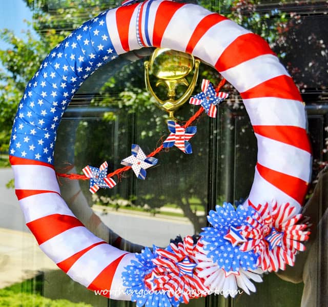 Step by step directions for how to make a patriotic wreath with supplies from the dollar store.