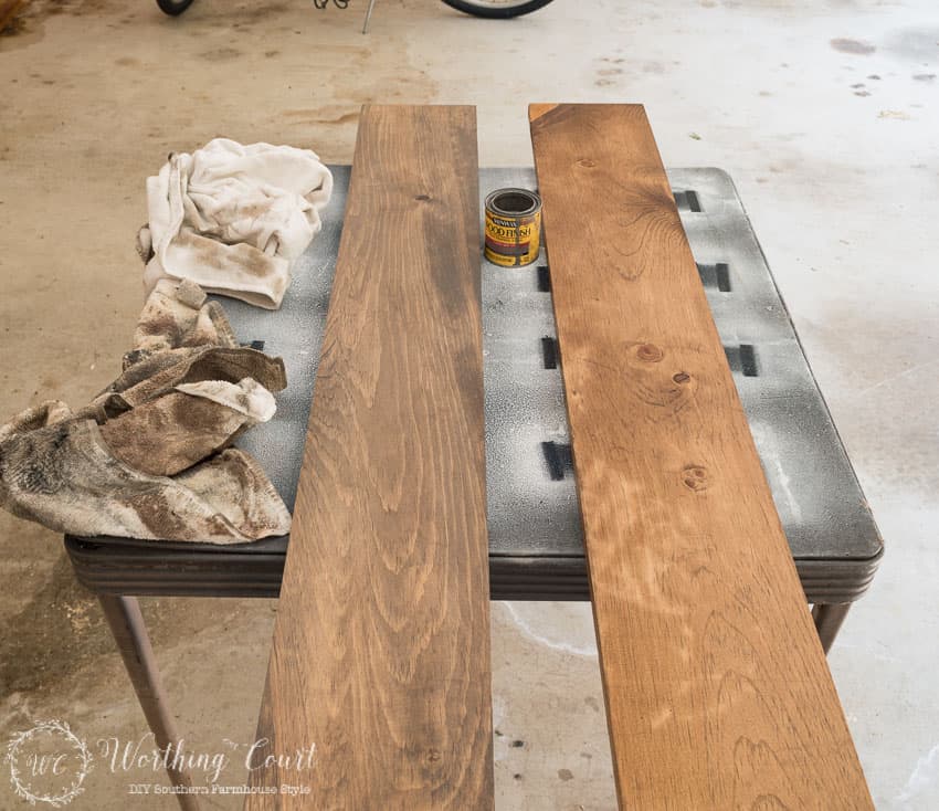  Step 2 - stain the wood with brown stain and then with gray stain.