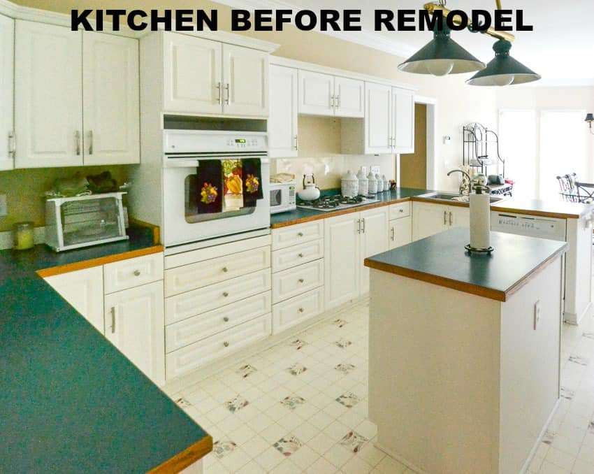 Kitchen Before Remodel with green counters and outdated floors - WITH TEXT