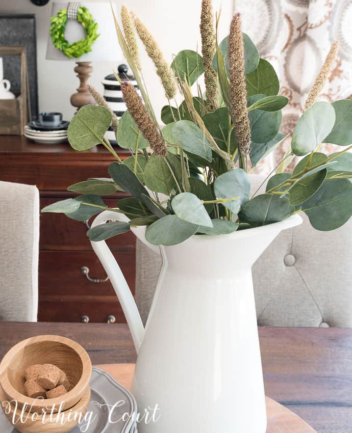 Dried wheat mixed with eucalyptus for an early fall farmhouse centerpiece