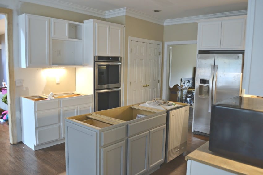 The new kitchen cabinets going in.