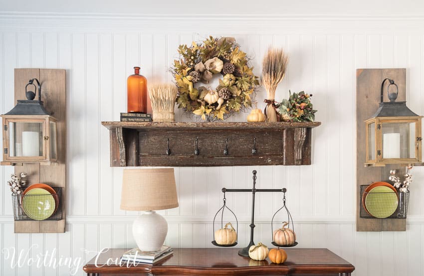 Farmhouse style sideboard fall vignette.