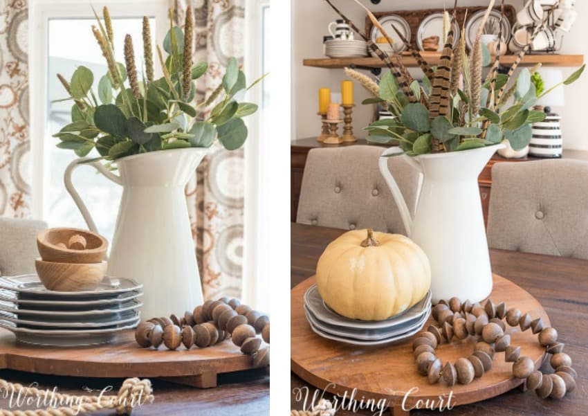 You only need to tweak an existing centerpiece a little bit to make it fall ready with a pumpkin beside the wooden beads on the right picture.