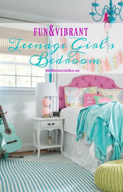 pinterest image for a colorful teenage girls bedroom with a pink headboard, furniture painted white, teal lamp shades, teal throw, brass trunk, tissue paper garland and a gallery wall