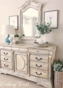 dresser and mirror painted white with brown glaze