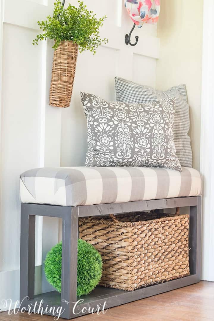 small gray diy bench with gray and white buffalo check upholstered top