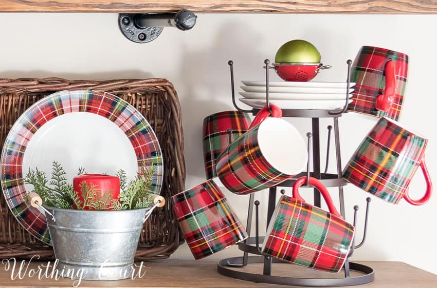 Mug tree with Christmas plaid mugs.