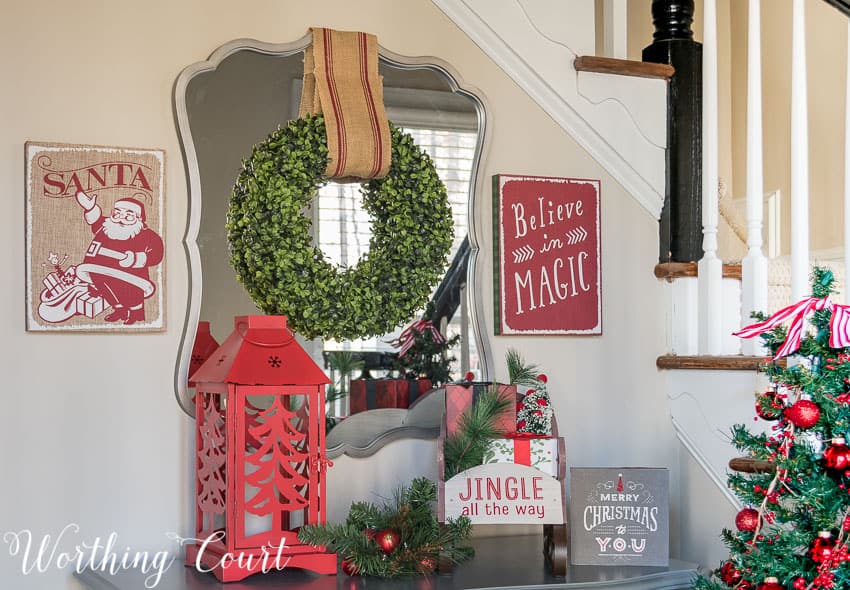 Christmas foyer vignette using Hallmark brand decor from Walgreens.