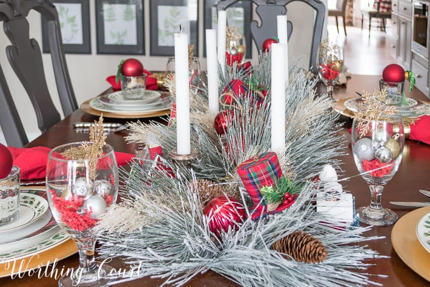 Frosted pine needle Christmas centerpiece.