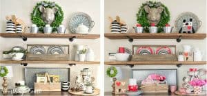 Valentine's decor on open shelves