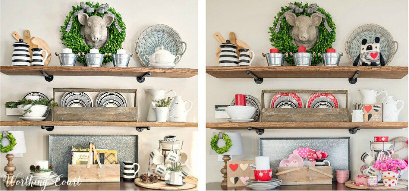 Valentine's decor on open shelves in the dining room.