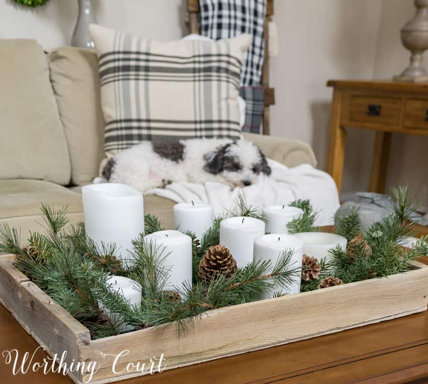 A candle vignette is on the coffee table and a dog is sleeping on the couch. 