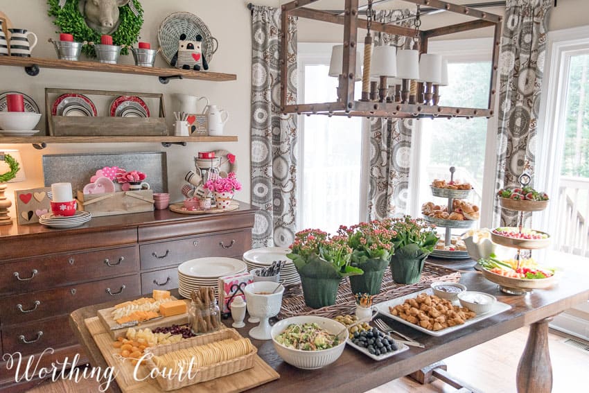 The table set up for a buffet spread.