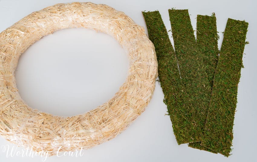 The wreath form and the moss laid out for the tutorial.