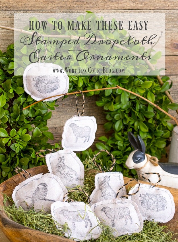 Stamped Easter ornaments made with a drop cloth