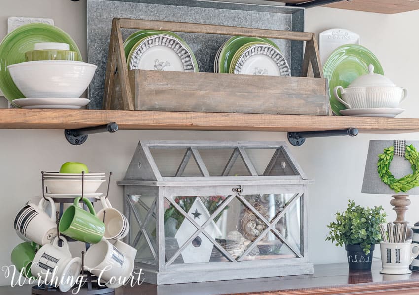 Rustic industrial farmhouse shelves decorated for spring with black, white and green || Worthing Court