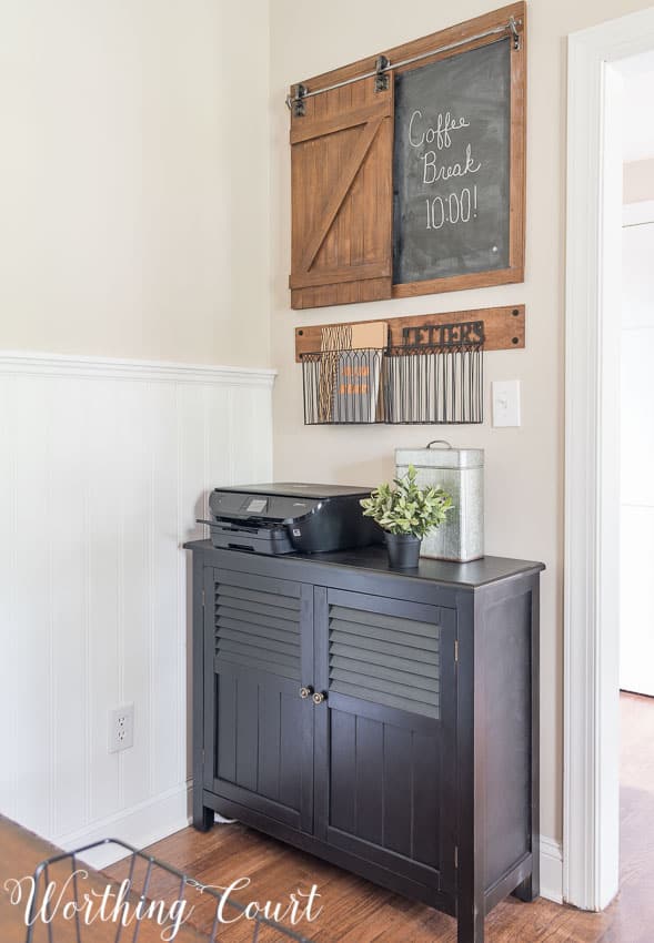 Rustic industrial storage solution in a suburban farmhouse style home office.