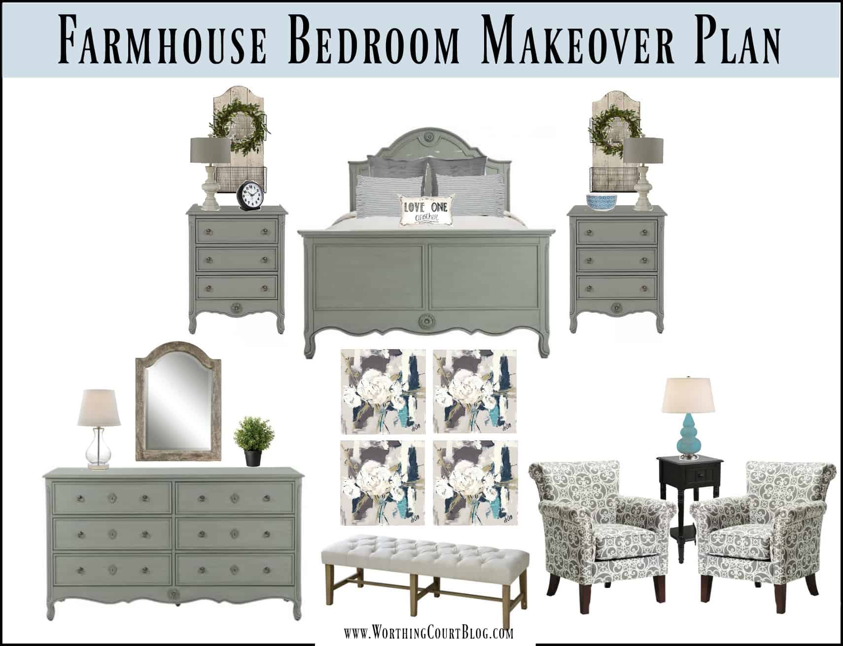 A mood board for farmhouse style bedroom makeover plans.