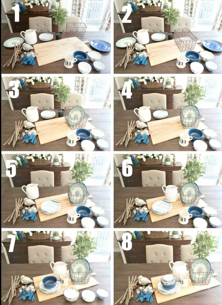 step by step directions to make a centerpiece with blue white and green dishes on a breadboard