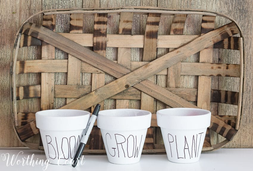 The white pots with a black pen beside them.