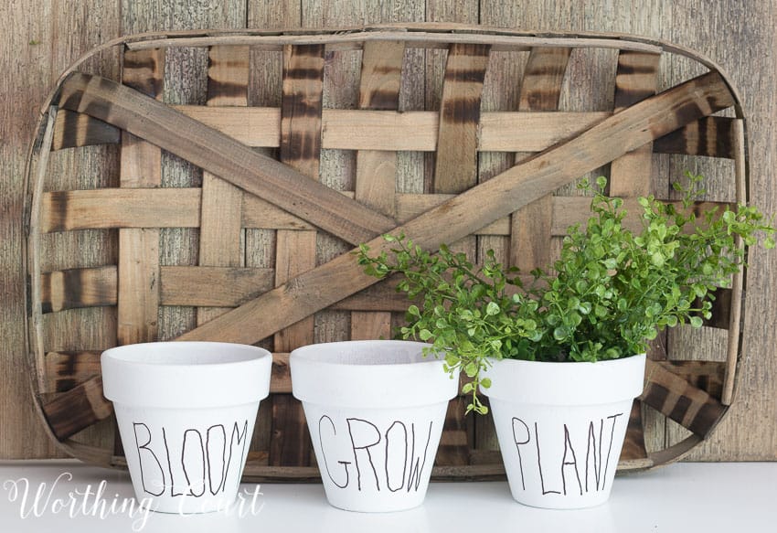 Three pots and one has a plant inside them.