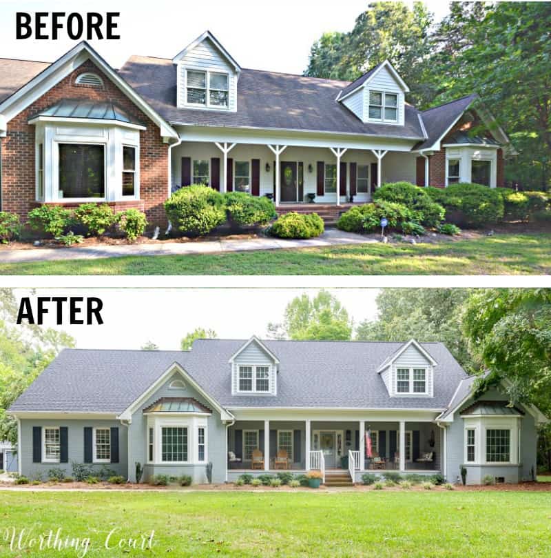 Red brick ranch house before and after painting gray.