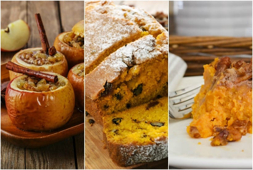 Fall recipe collection with baked apples, and a pumpkin loaf.