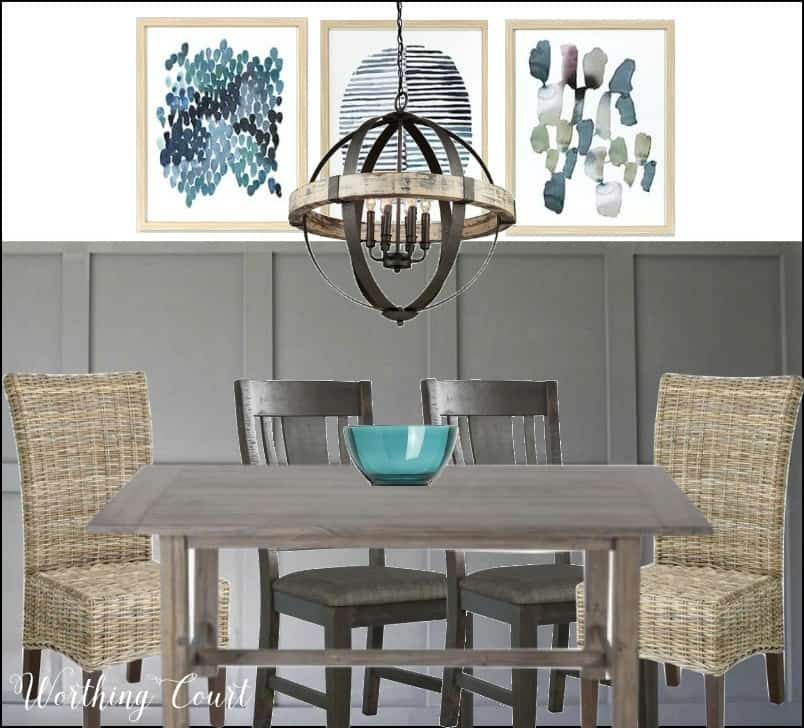 Modern farmhouse dining room, gray board and batten, rustic chandelier, affordable art