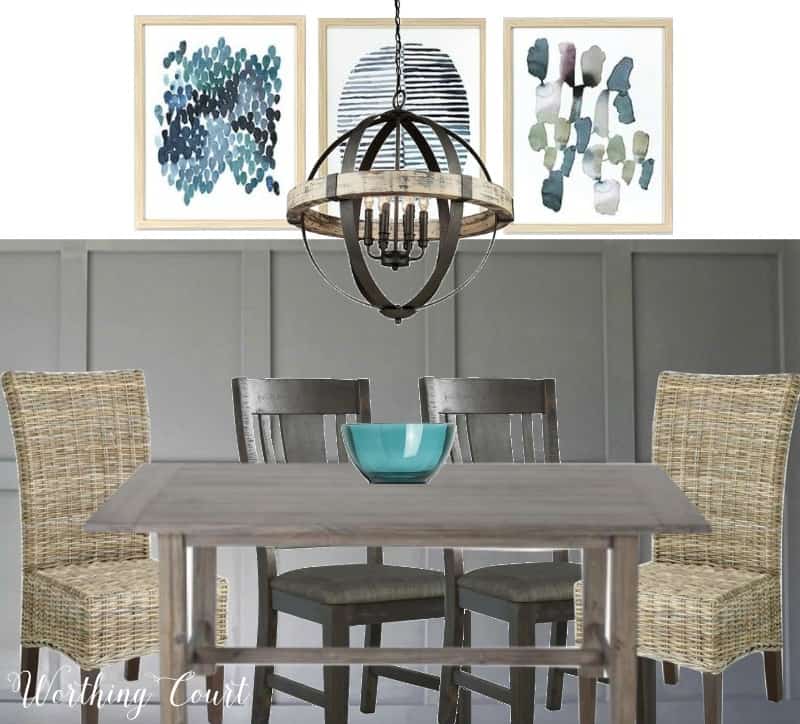 Rustic chandelier mixed with modern farmhouse dining room style.