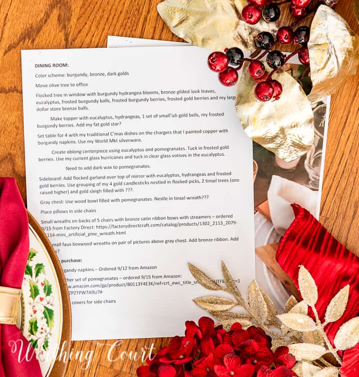 Picture of word document with Christmas decorating plans surround by burgundy and gold decorations.