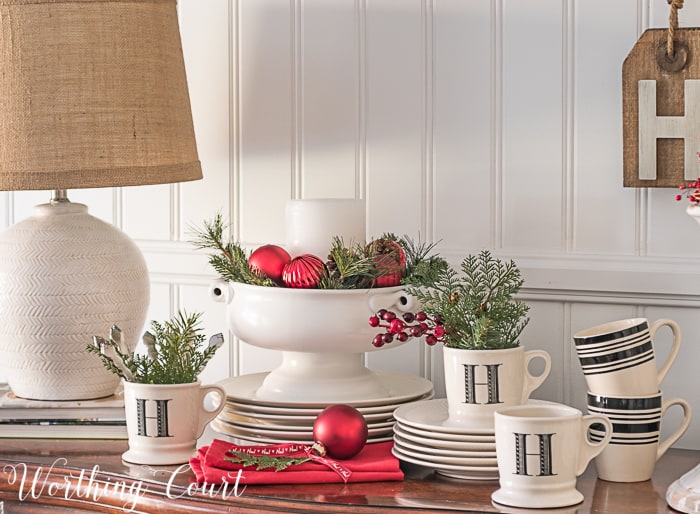 black and white dishes with red Christmas decor