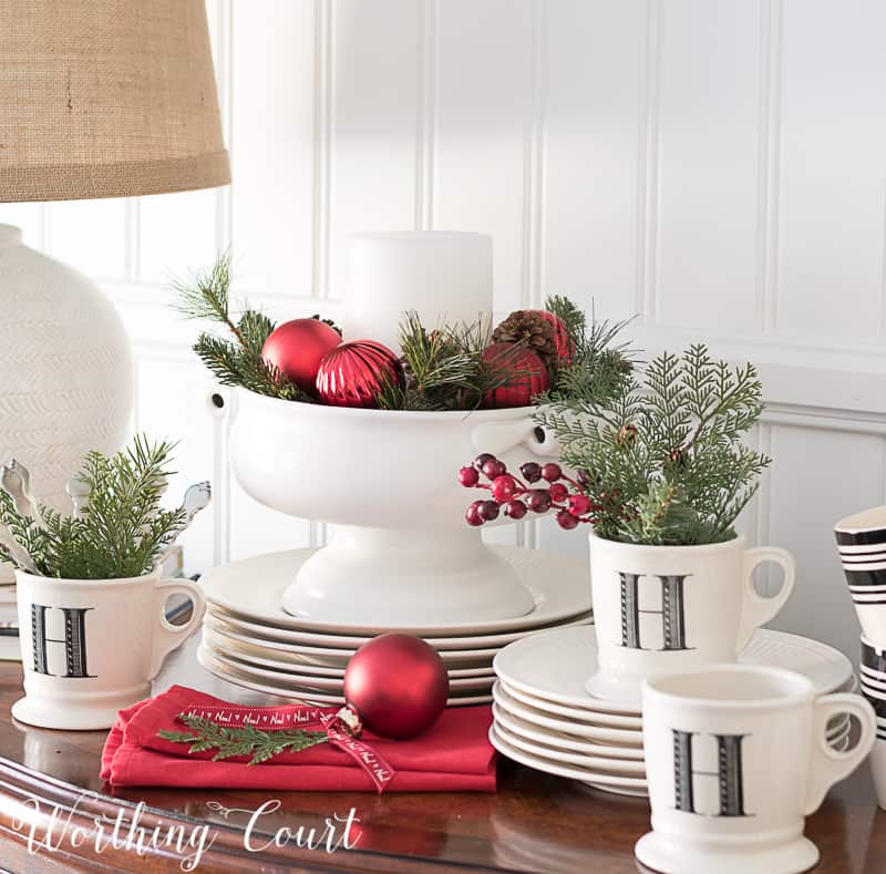 Christmas sideboard vignette #christmasdecor #christmasdiningroom #redandwhite