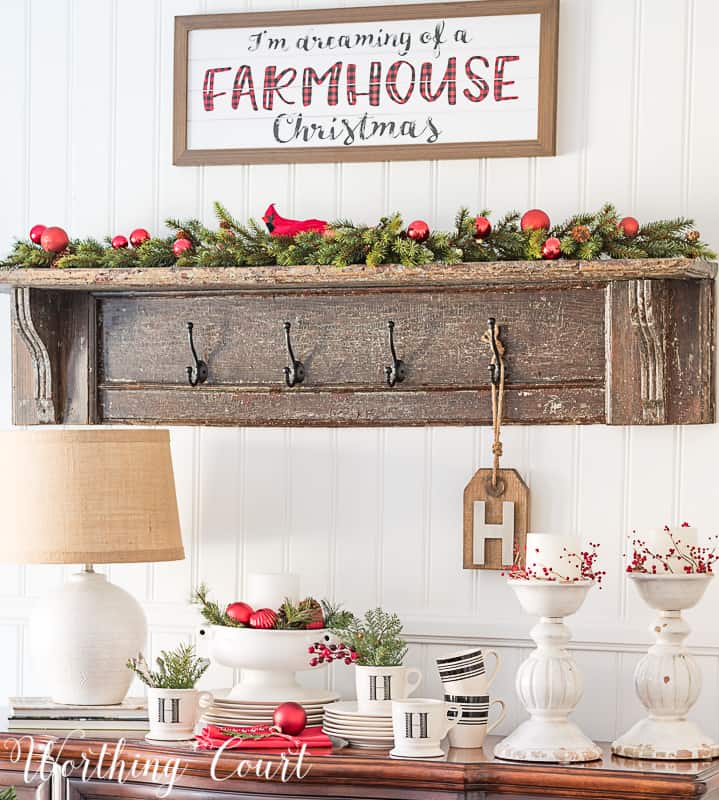 Christmas sideboard vignette #christmasdecor #christmasdiningroom #redandwhite