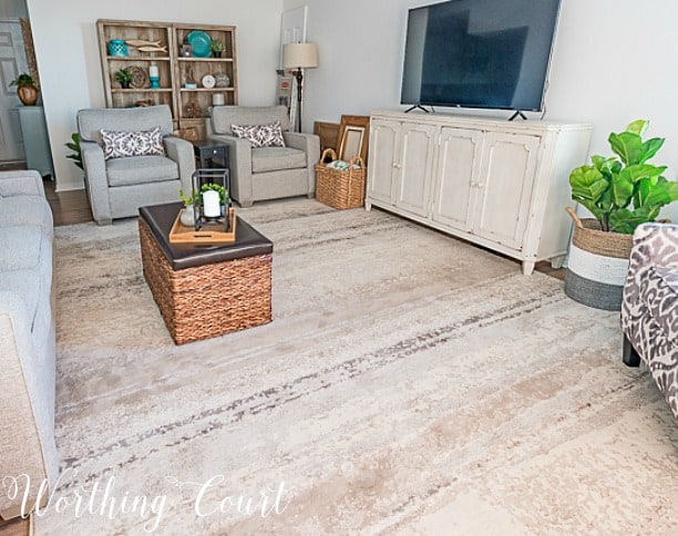 Breckenridge Seashell Area Rug in the living room with neutral soft tones.