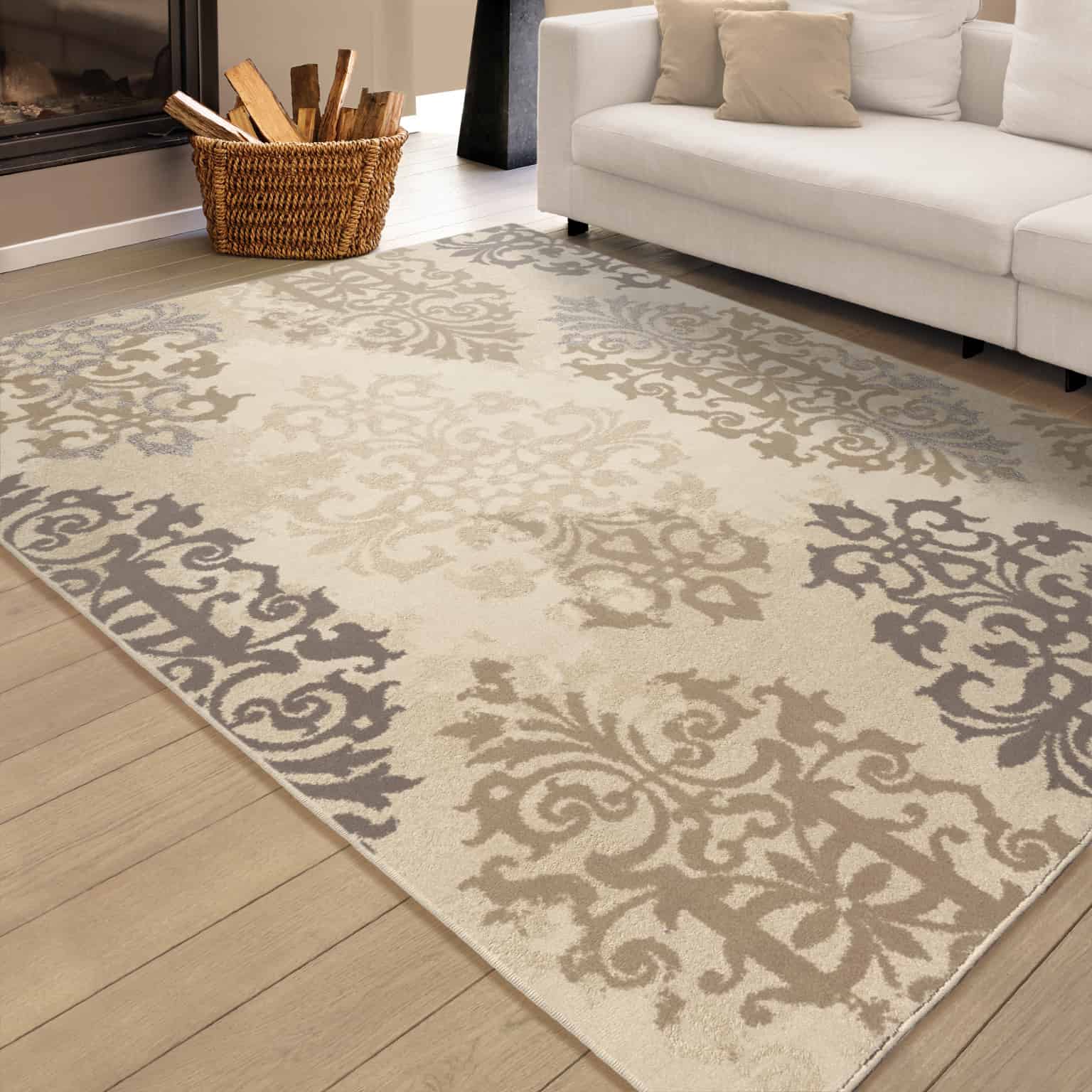 Epiphany Anzio Lambswool Area Rug with a pattern of beige, brown and gray.