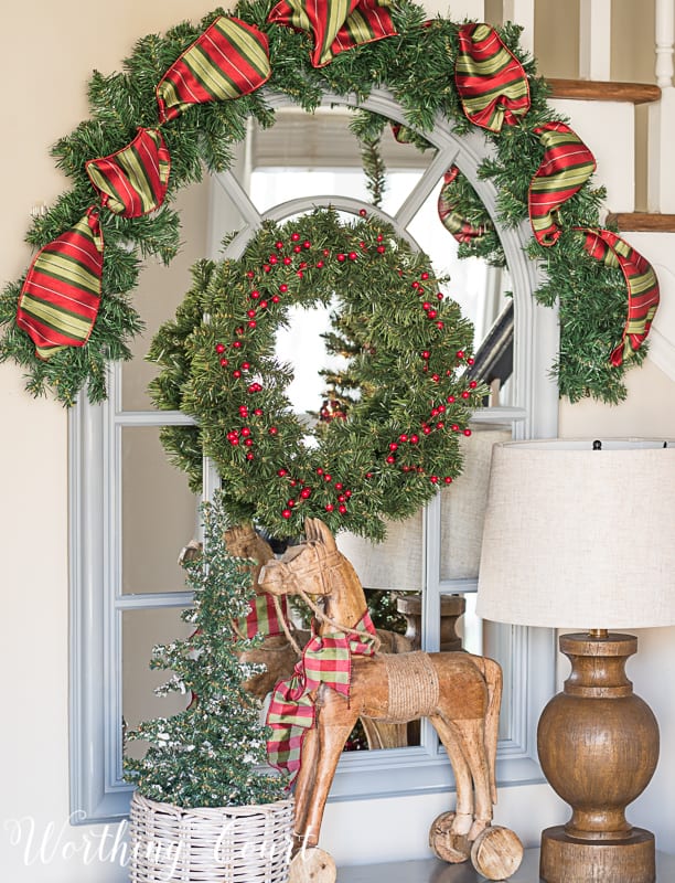 Christmas garland with red and green silk ribbon #christmasdecor #christmasgarlands