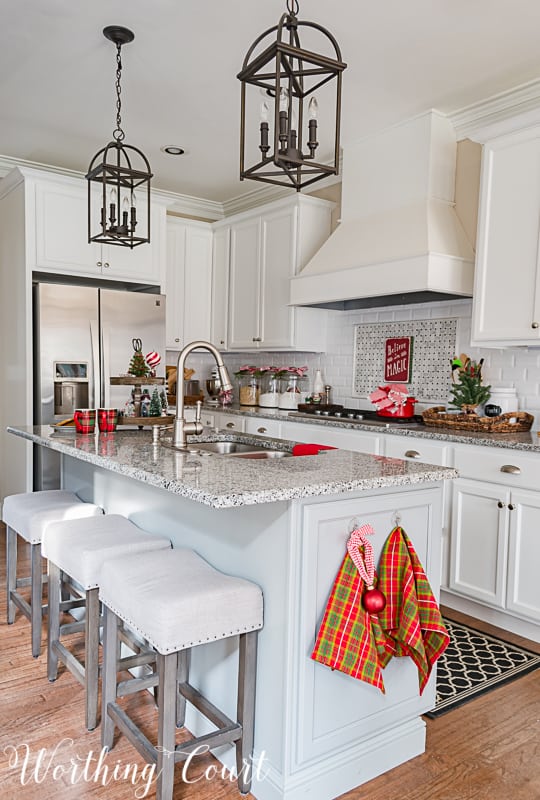 My Christmas Kitchen Decor with an almost all white kitchen and holiday touches.