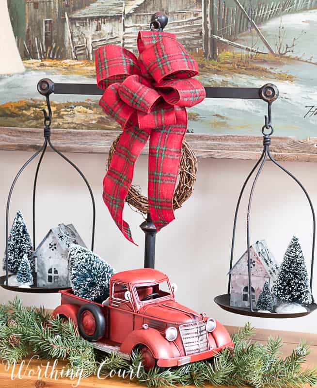 Red truck hauling a Christmas tree #christmasdecor