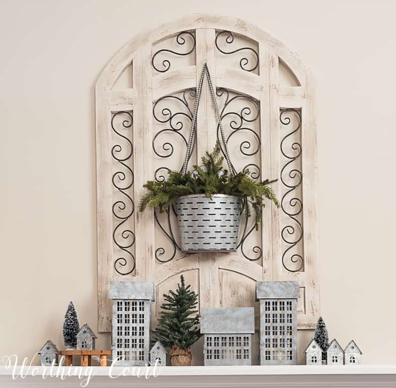 Winter fireplace decor, tin houses, farmhouse style.