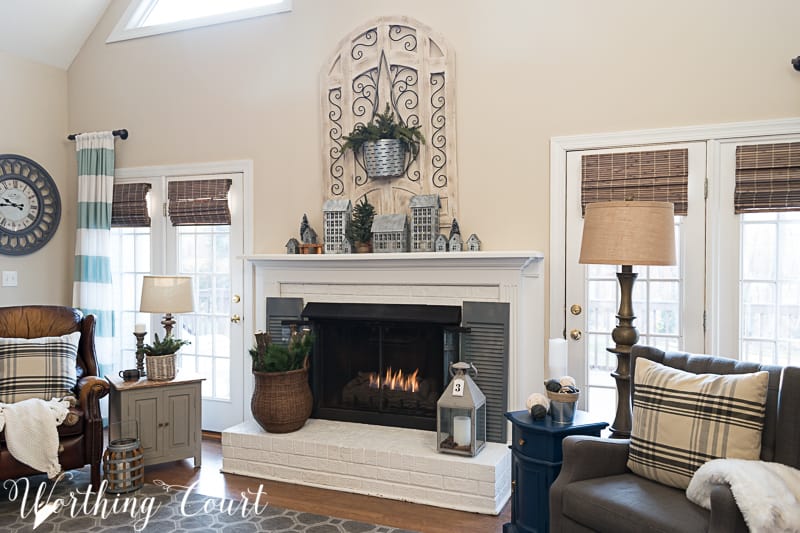 Winter fireplace decor, white painted brick fireplace, farmhouse decor,