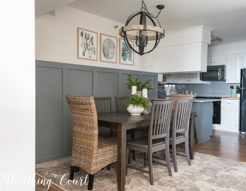 Small dining room makeover, modern farmhouse style, orb chandelier, rustic industrial, board and batten