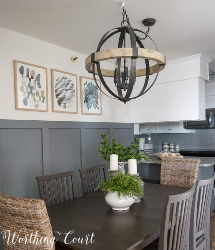 Statement chandelier in a small dining room, rustic industrial, modern farmhouse, orb chandelier