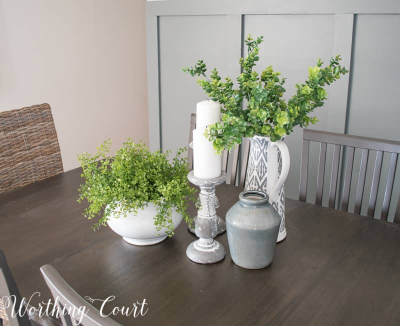 Modern farmhouse style dining room table centerpiece, faux greenery