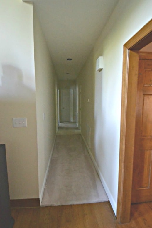 A long dark hallway with a rug.