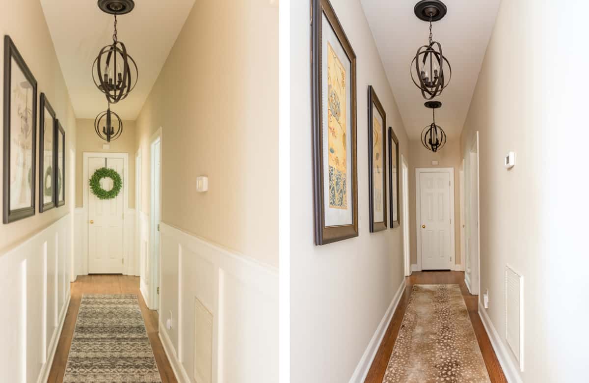 side by side images of hallway before and after decorating refresh